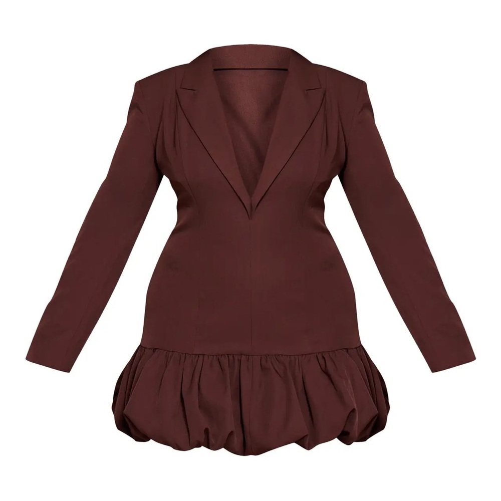 PRETTY LITTLE THING CHOCOLATE PLUNGE PUFF HEM BLAZER DRESS.       NEW W/ TAGS